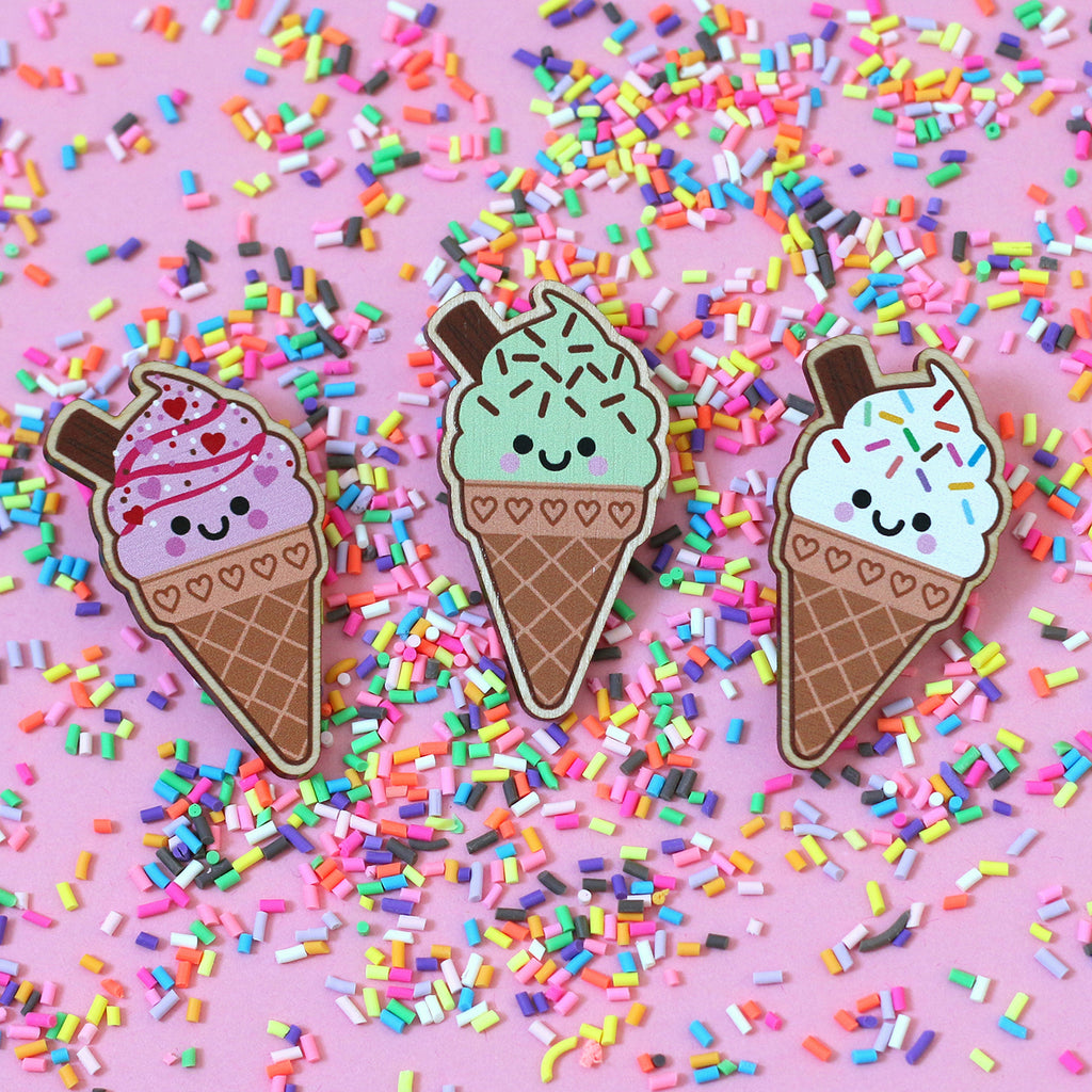 Vanilla Ice Cream Wooden Pin Badge