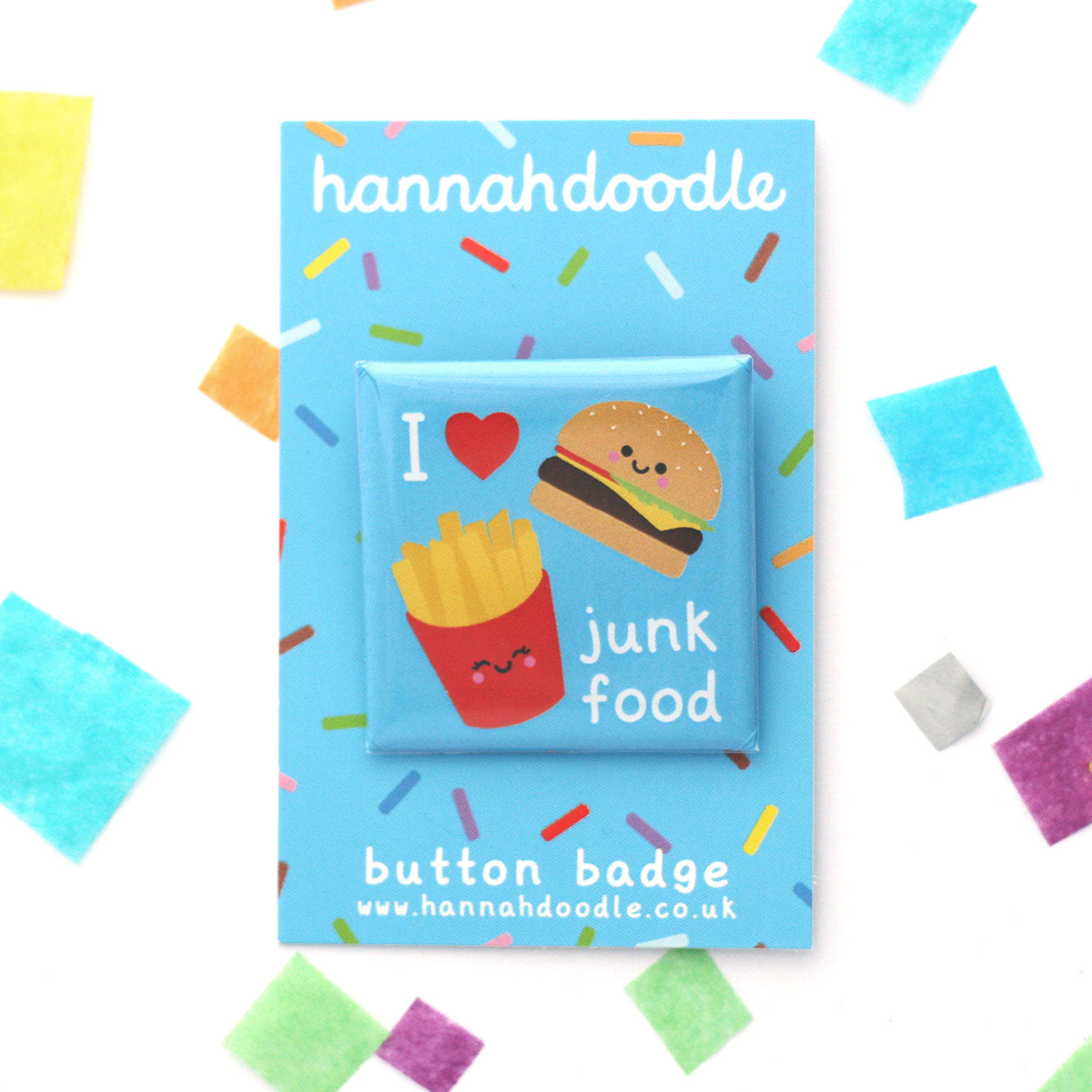 Square button badge with I heart junk food text and burger and fries illustration