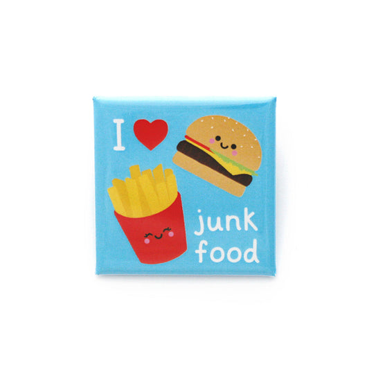 Square blue button badge with burger and fries illustration