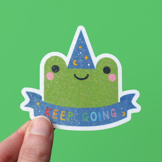 Keep Going Wizard Frog Cute Sticker with Holographic Vinyl Overlay