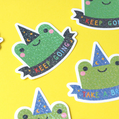 hannahdoodle frog sticker keep going with holographic vinyl overlay