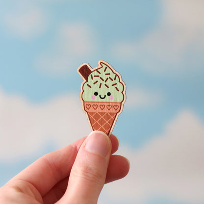 Mint Choc Chip Ice Cream Wooden Pin Badge