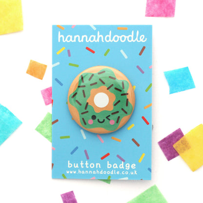 Mint choc chip donut button badge with winking face attached to a hannahdoodle backing card