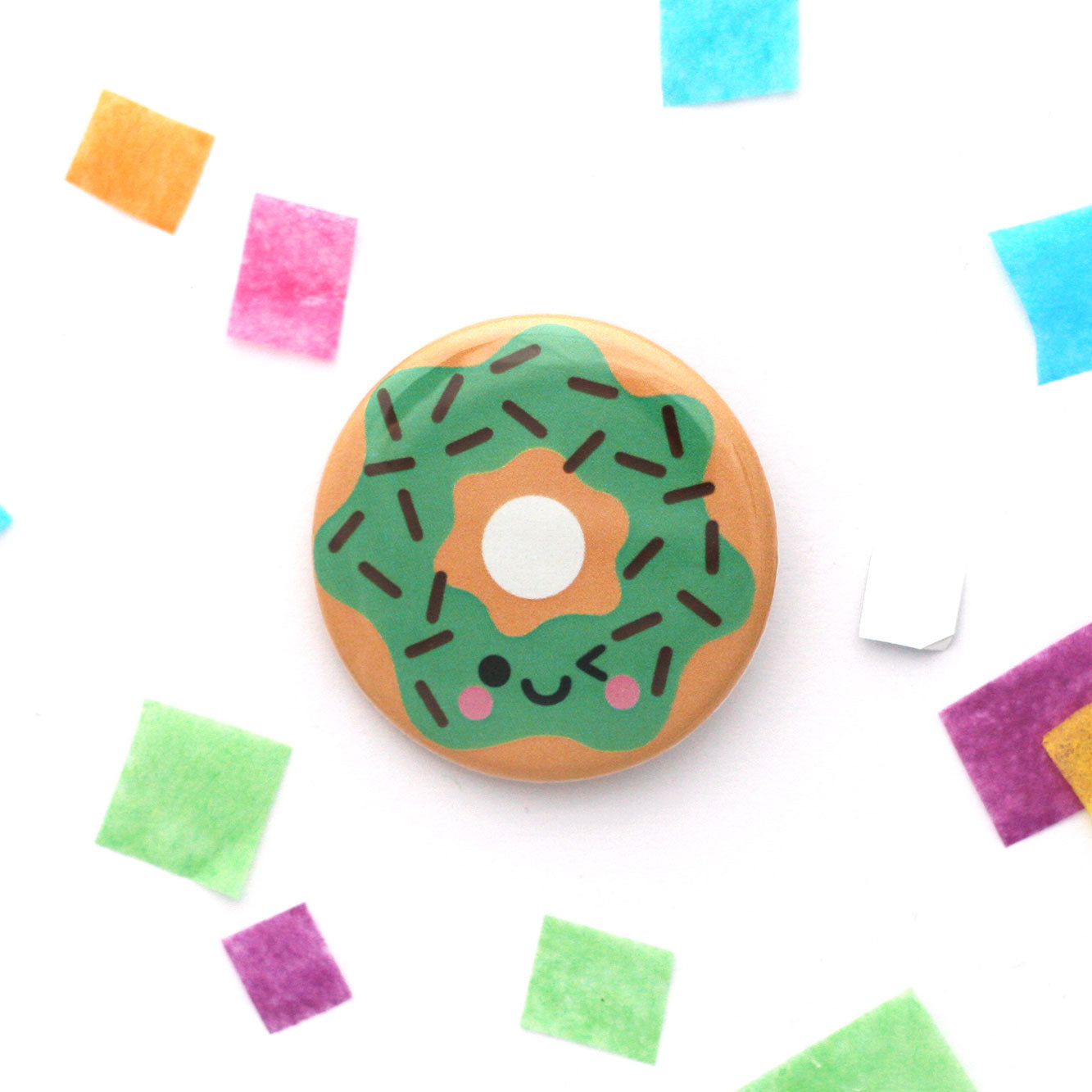 Mint choc chip donut 38mm button badge with winking face