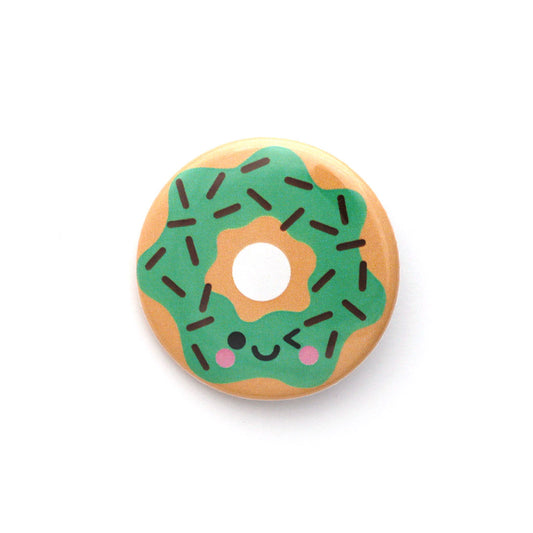 Mint choc chip donut button badge with winking face