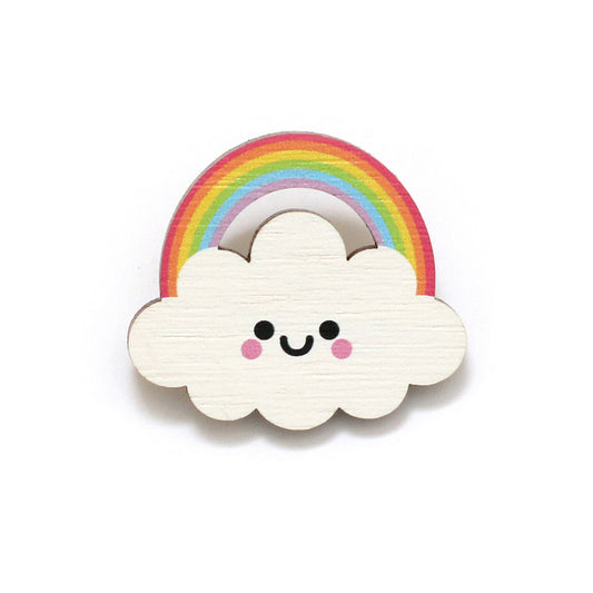 Rainbow Cloud Wooden Pin Badge - Pastel Rainbow