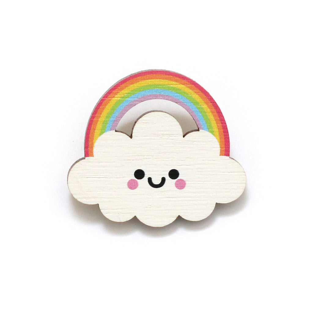 Rainbow Cloud Wooden Pin Badge - Pastel Rainbow