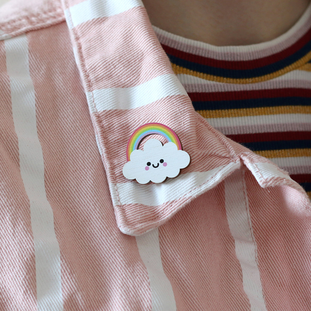 Rainbow Cloud Wooden Pin Badge - Pastel Rainbow