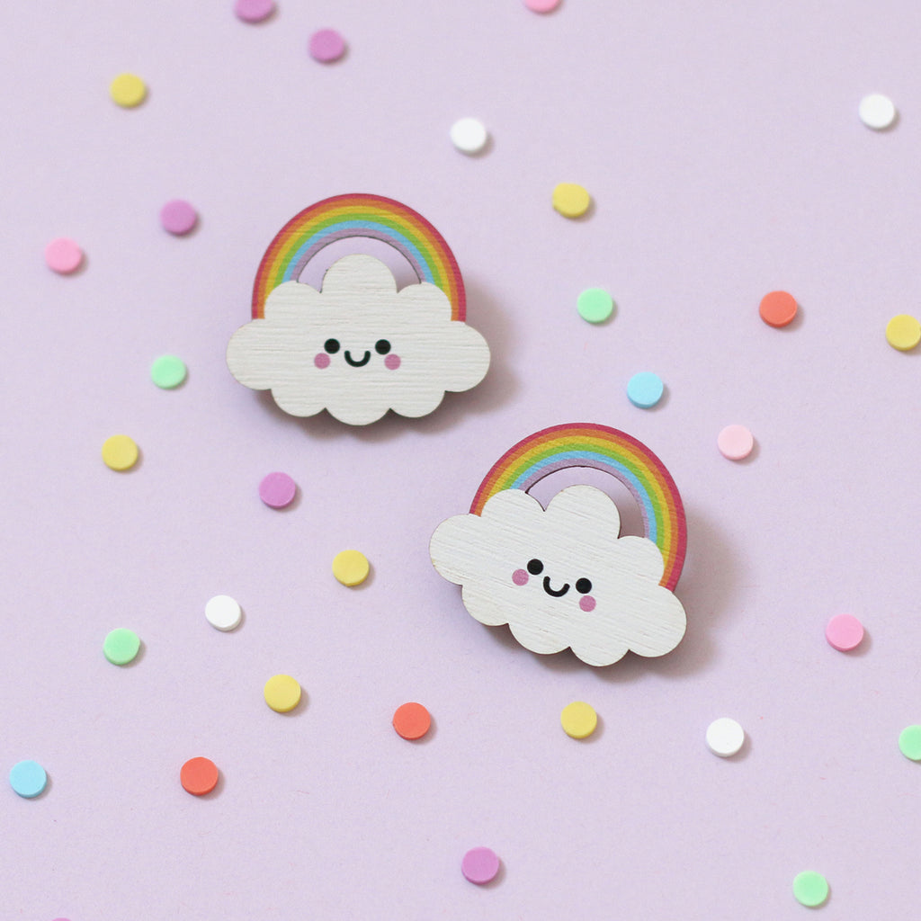 Rainbow Cloud Wooden Pin Badge - Pastel Rainbow