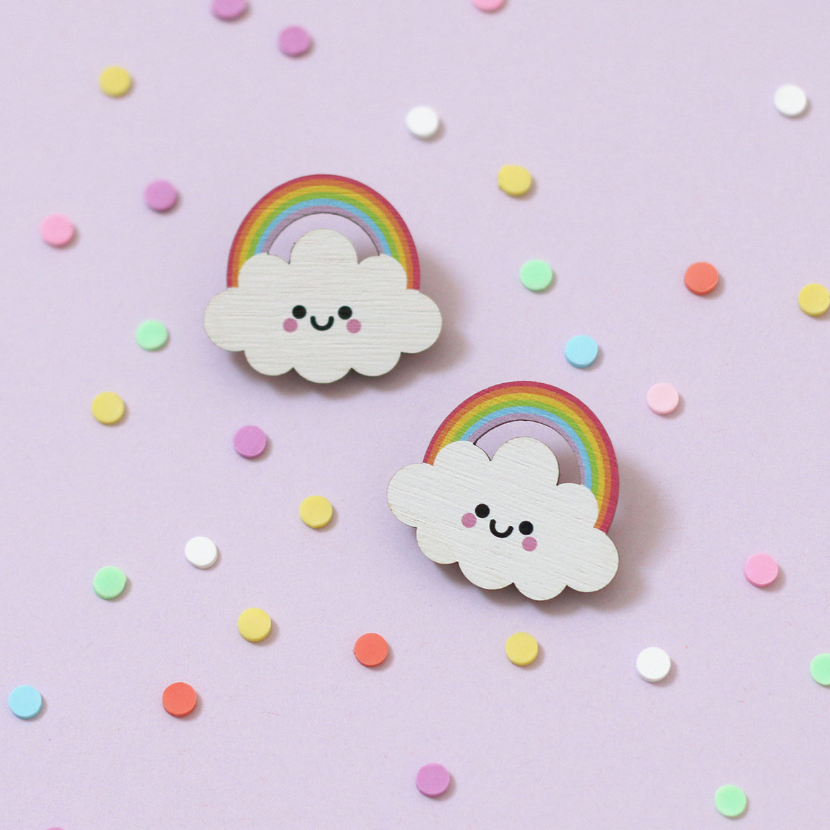 Rainbow Cloud Wooden Pin Badge - Pastel Rainbow