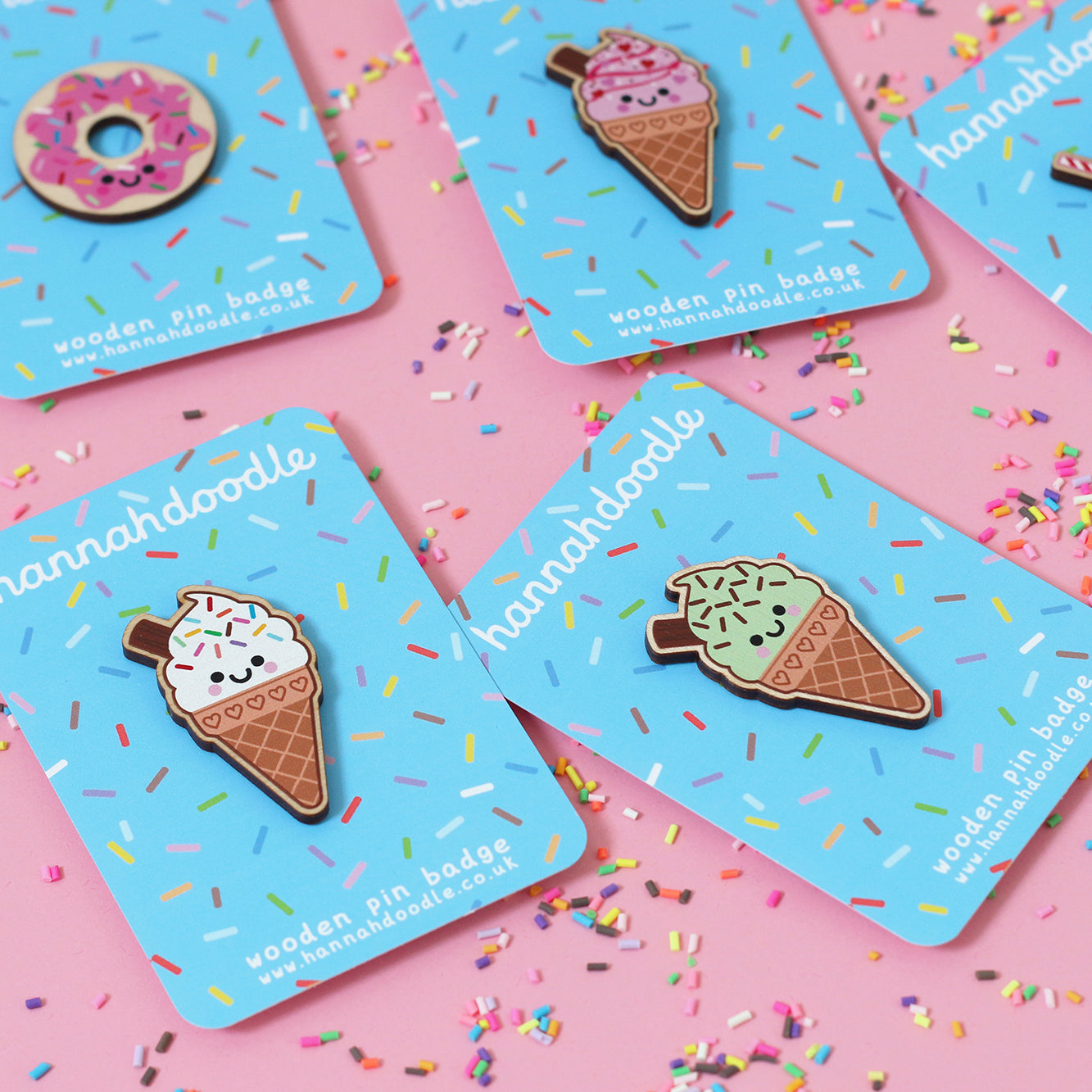 Strawberry Ice Cream Wooden Pin Badge