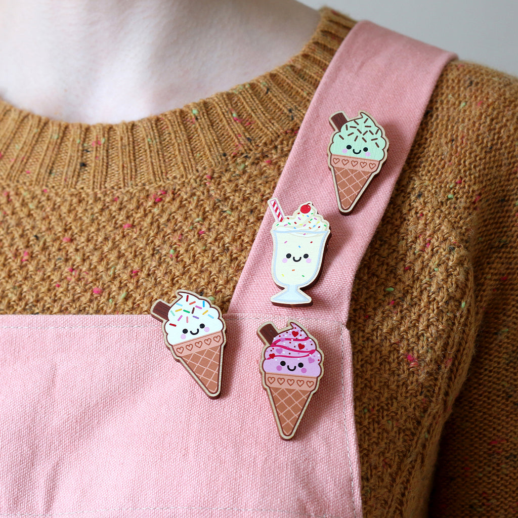 Strawberry Ice Cream Wooden Pin Badge